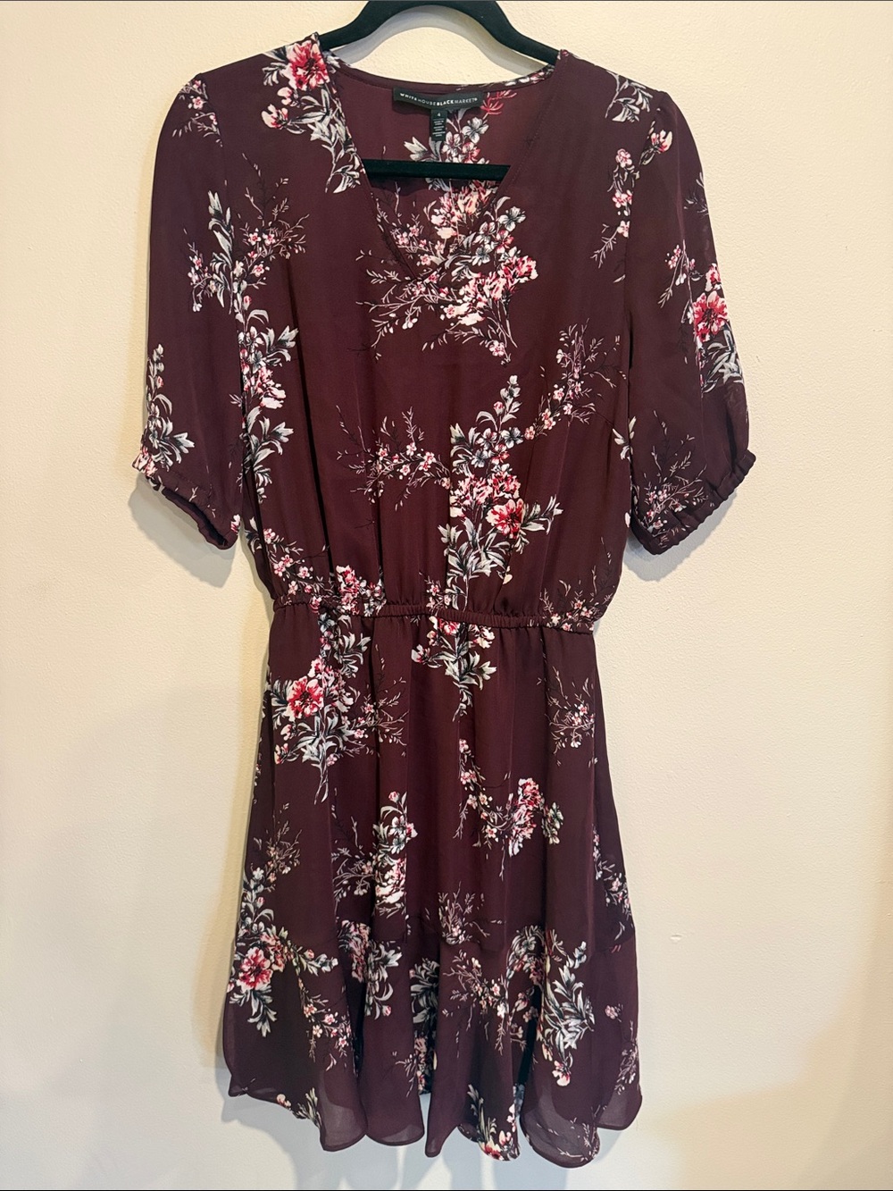 White House Black Market Burgundy Floral Midi Dress with V-Neck Flowy feminine